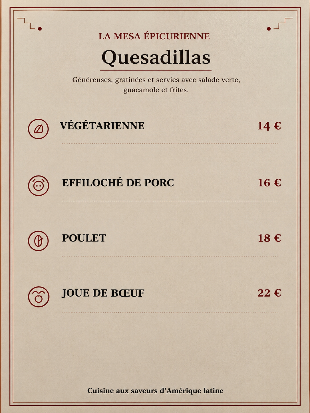 Menu de quesadillas aux saveurs latines