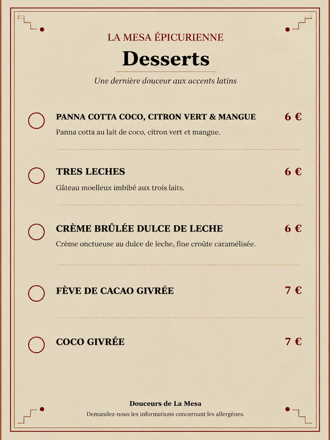 Menu desserts aux accents latins