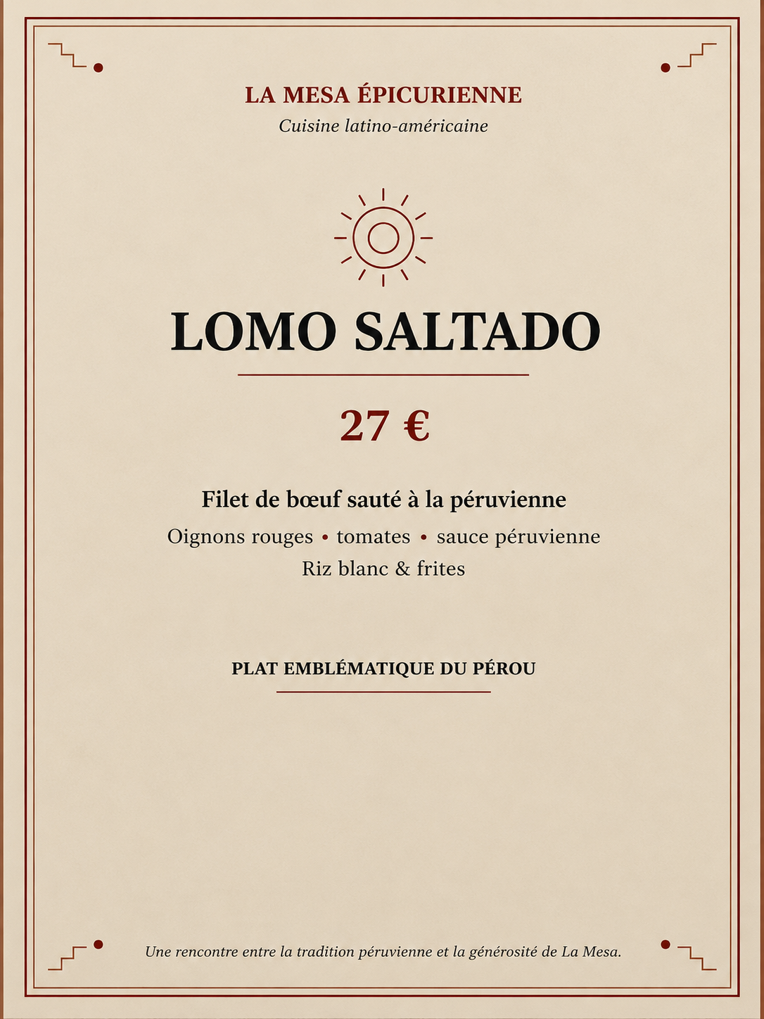 Menu élégant Lomo Saltado corail