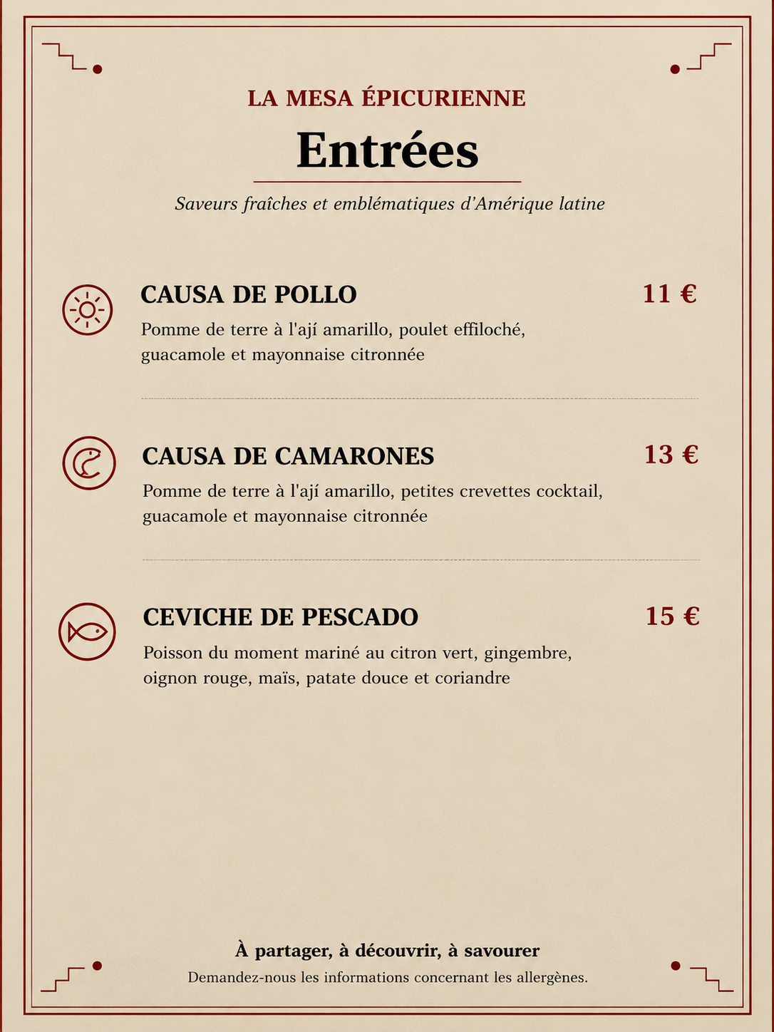 Menu de quesadillas aux saveurs latines